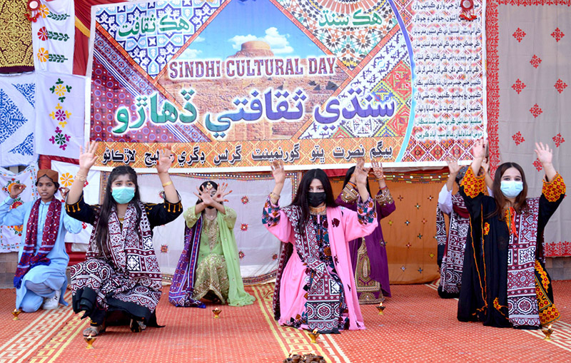 Students performing tableau during a function in connection with the upcoming Sindhi Culture Day at Begum Nusrat Bhutto Govt Girls Degree College