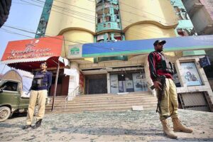 Police officials inspecting the blast site on Warsak Road, at least six people, including four children injured in this incident