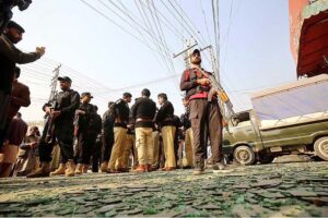 Police officials inspecting the blast site on Warsak Road, at least six people, including four children injured in this incident
