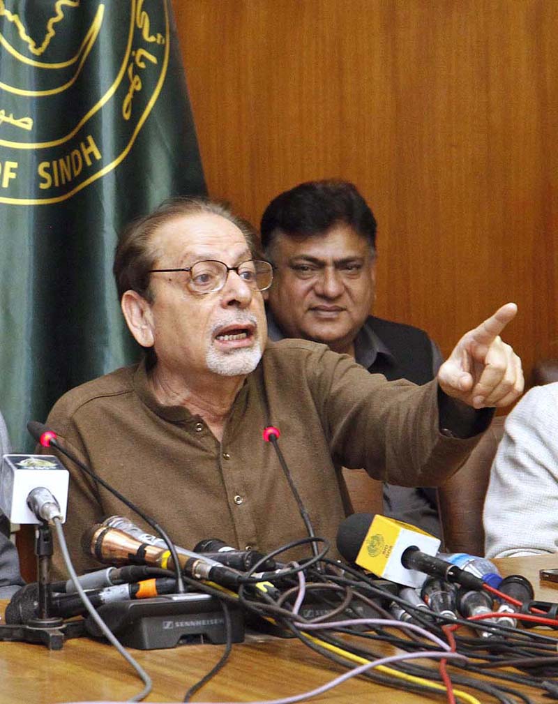 Caretaker Sindh Information Minister Ahmed Shah addressing a press conference at Sindh Assembly building