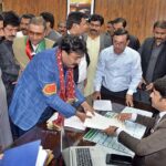 Former Sindh Minister Jam Khan Shoro submits his nomination form to returning officer for upcoming General Election 2024