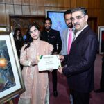Caretaker Prime Minister Anwaar-ul-Haq Kakar awards certificates of appreciation to young artists for their artistic depictions of peace for the Palestine cause