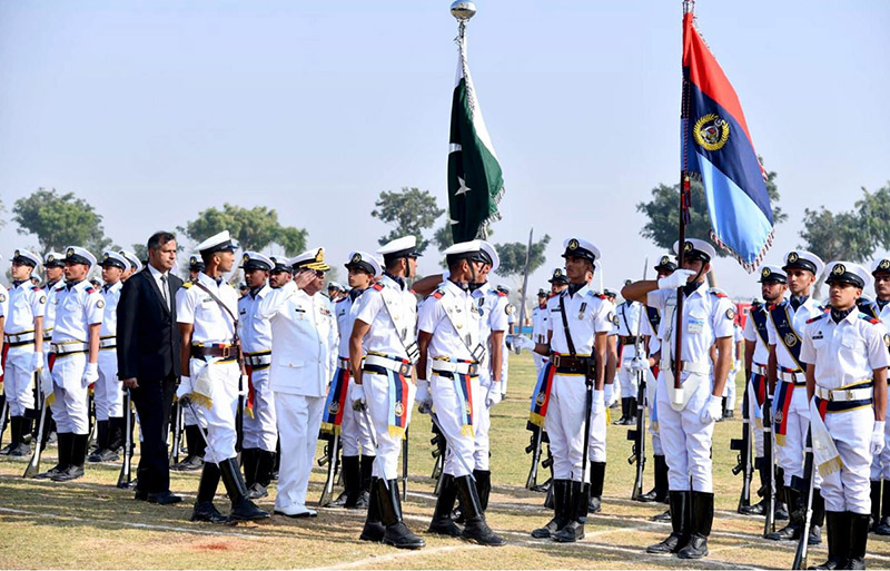 Chief of the Navel Staff Admiral Navid Ashraf reviewing the cadet guards during 61st Parents Day of Cadet College Petaro.