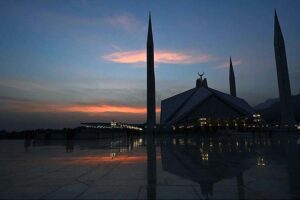 A view of Faisal Masjid in the background a beautiful view of sunset in the Federal Capital.
