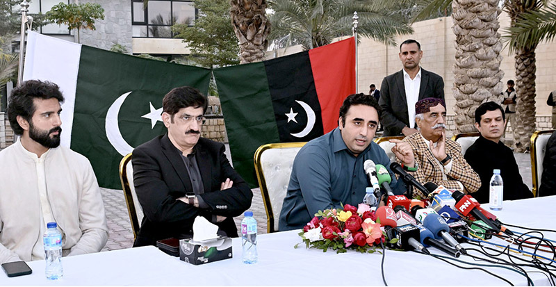 Chairman Pakistan People's Party Bilawal Bhutto Zardari addressing a press conference at the residence of former Member of National Assembly Sardar Muhammad Bakhsh Khan Mahar
