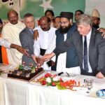 Special Assistant to the Prime Minister on Interfaith Harmony Maulana Tahir Ashrafi, Turkish Consul Journal Durmus Basttug ,and Chinese Consul General Director Mr DU YUE cutting cake during the Interfaith Harmony Conference at a local hotel.