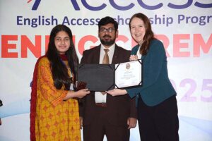 US Consul General Lahore Ms. Kristin K. Hawkins is distributing certificates among the students of an English Access Scholarship Program for 200 students in Faisalabad managed by the University of Agriculture Faisalabad
