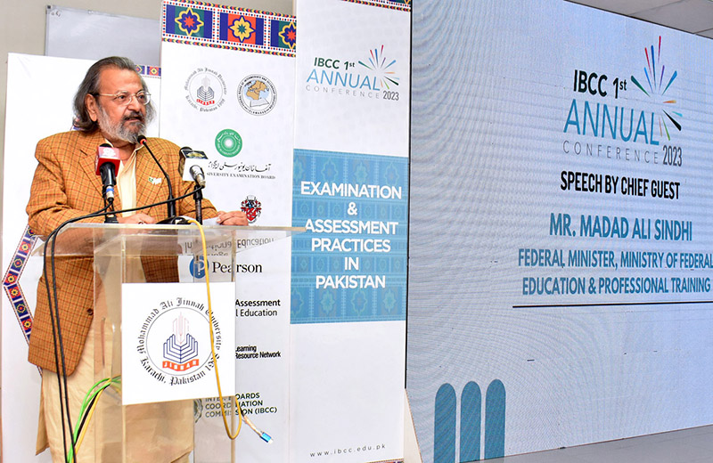 Caretaker Federal Education Minister, Madad Ali Sindhi addressing the 1st Annual Conference 2023 “Examination and Assessment Practices in Pakistan