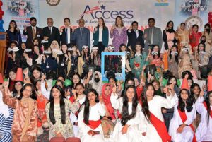 US Consul General Lahore Ms. Kristin K. Hawkins is distributing certificates among the students of an English Access Scholarship Program for 200 students in Faisalabad managed by the University of Agriculture Faisalabad