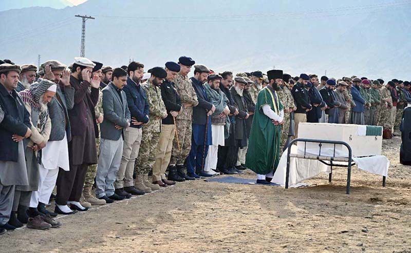 Chief Minister Gilgit-Baltistan Haji Gulber Khan with other people attending the funeral prayer of martyrs of Hudur incident by terrorist attack on passenger bus