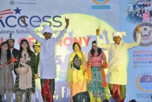US Consul General Lahore Ms. Kristin K. Hawkins is distributing certificates among the students of an English Access Scholarship Program for 200 students in Faisalabad managed by the University of Agriculture Faisalabad