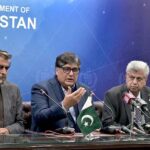 Caretaker Federal Minister for Information and Broadcasting Murtaza Solangi addressing a press conference along with Caretaker Federal Minister for Privatisation and Federal Minister for Inter Provincial Coordination Fawad Hasan Fawad and Caretaker Federal Minister for National Heritage & Culture Jamal Shah at PID