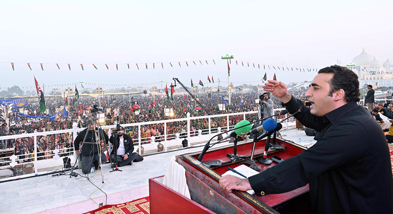 Chairman PPP Bilawal Bhutto Zardari addressing a public gathering on the occasion of 16th death anniversary of Shaheed Mohtarma Benazir Bhutto at Garhi Khuda Bakhsh