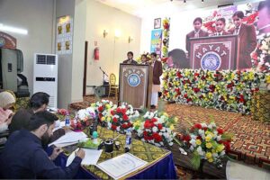 Students answering the questions during 73 School Teams Spelling Bee Compaction at Hayat Girls School and college