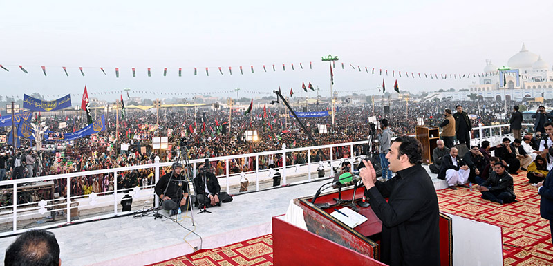 Chairman PPP Bilawal Bhutto Zardari addressing a public gathering on the occasion of 16th death anniversary of Shaheed Mohtarma Benazir Bhutto at Garhi Khuda Bakhsh