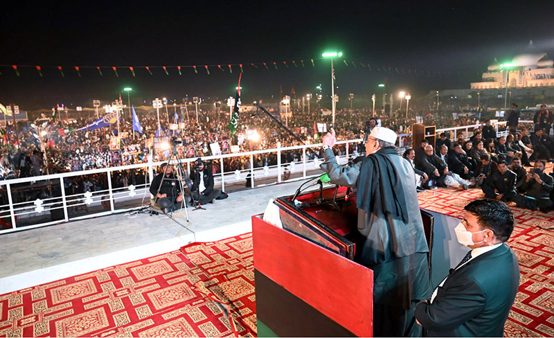 Former President of Pakistan and President PPPP Asif Ali Zardari addressing a public gathering on the occasion of 16th death anniversary of Shaheed Mohtarma Benazir Bhutto at Garhi Khuda Bakhsh.