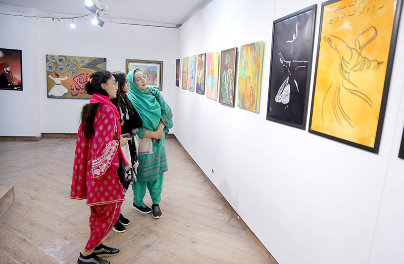 Visitor viewing Paintings during Sindh Sufi Festival at Sindh Museum