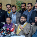 Special Representative to the Caretaker Prime Minister on Religious Harmony & Islamic Countries and Chairman of Pakistan Ullema Council Hafiz Tahir Mahmood Ashrafi talking to media persons at Holy Trinity Cathedral Church.