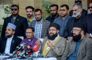 Special Representative to the Caretaker Prime Minister on Religious Harmony & Islamic Countries and Chairman of Pakistan Ullema Council Hafiz Tahir Mahmood Ashrafi talking to media persons at Holy Trinity Cathedral Church.
