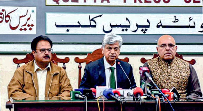 Caretaker Federal Minister for Information and Broadcasting Muraza Solangi addressing a press conference.