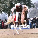 Horse riders are participating in a Tent-Pegging competition during the Winter Festival at MNS University