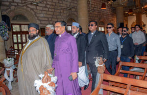 Special Representative to the Caretaker Prime Minister on Religious Harmony & Islamic Countries and Chairman of Pakistan Ullema Council Hafiz Tahir Mahmood Ashrafi talking to media persons at Holy Trinity Cathedral Church.