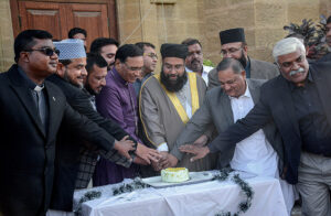 Special Representative to the Caretaker Prime Minister on Religious Harmony & Islamic Countries and Chairman of Pakistan Ullema Council Hafiz Tahir Mahmood Ashrafi talking to media persons at Holy Trinity Cathedral Church.