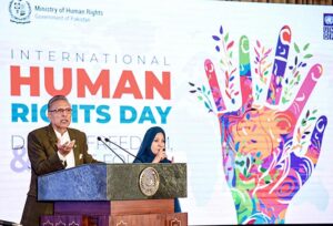 President Dr. Arif Alvi addressing an event in connection with International Human Rights Day, at Aiwan-e- Sadr