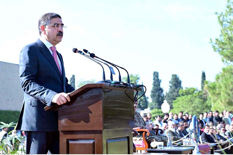 Caretaker Prime Minister Anwaar-ul-Haq Kakar addresses the 58th annual Parents' Day ceremony in Cadet College Kohat