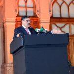 Caretaker Prime Minister Anwaar-ul-Haq Kakar addressing an awards ceremony to recognize Top 25 Companies for their stellar performance at Pakistan Stock Exchange