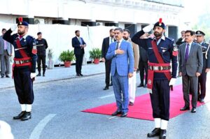 Caretaker Prime Minister Anwaar-ul-Haq Kakar being presented guard of honor by a contingent of Islamabad Capital Territory Police upon his arrival at the Ministry of Interior, Pak Secretariat