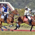 Players struggling to get hold on the ball during polo match played between RIjas Polo vs. Diamond Paints Platinum Homes during Hamadan Lahore Open Polo Championship 2023