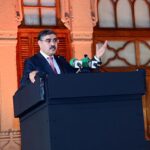 Caretaker Prime Minister Anwaar-ul-Haq Kakar addressing an awards ceremony to recognize Top 25 Companies for their stellar performance at Pakistan Stock Exchange