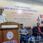 Caretaker Sindh Information Minister Ahmed Shah addresses to the media persons after inaugurating Abdul Majid Sports Complex at Karachi Press Club