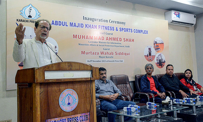 Caretaker Sindh Information Minister Ahmed Shah addresses to the media persons after inaugurating Abdul Majid Sports Complex at Karachi Press Club