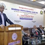 Caretaker Sindh Health Minister Dr Saad Khalid Naz addressing media persons after inaugurating Shahbana Shafiq Dental Clinic at Karachi Press Club