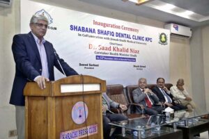 Caretaker Sindh Health Minister Dr Saad Khalid Naz addressing media persons after inaugurating Shahbana Shafiq Dental Clinic at Karachi Press Club