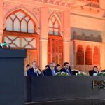 Caretaker Prime Minister Anwaar-ul-Haq Kakar addressing an awards ceremony to recognize Top 25 Companies for their stellar performance at Pakistan Stock Exchange