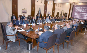 Caretaker Sindh Chief Minister Justice (R) Maqbool Baqar presides over a joint meeting of industrialists of different SITES and concerned government officers to resolve their issue at CM House