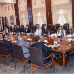 Caretaker Sindh Chief Minister Justice (R) Maqbool Baqar presides over a meeting on the Safe City Project at CM House