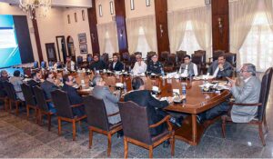 Caretaker Sindh Chief Minister Justice (R) Maqbool Baqar presides over a meeting on the Safe City Project at CM House