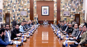 Caretaker Sindh Chief Minister Justice (R) Maqbool Baqar presides over a joint meeting of industrialists of different SITES and concerned government officers to resolve their issue at CM House