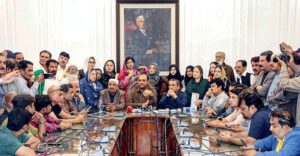 Deputy Mayor Karachi Salman Abdullah Murad speaking to the media representatives. People's Party Parliamentary Leader Najmi Alam is also present in the city council