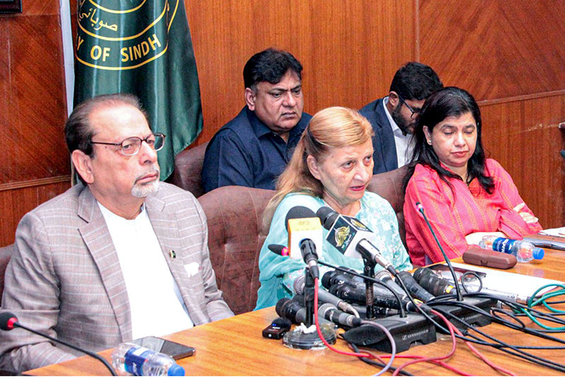 Sindh Caretaker Information Minister Muhammad Ahmed Shah and Caretaker Education Minister Sindh Rana Hussain addressing a joint press conference at Sindh Assembly
