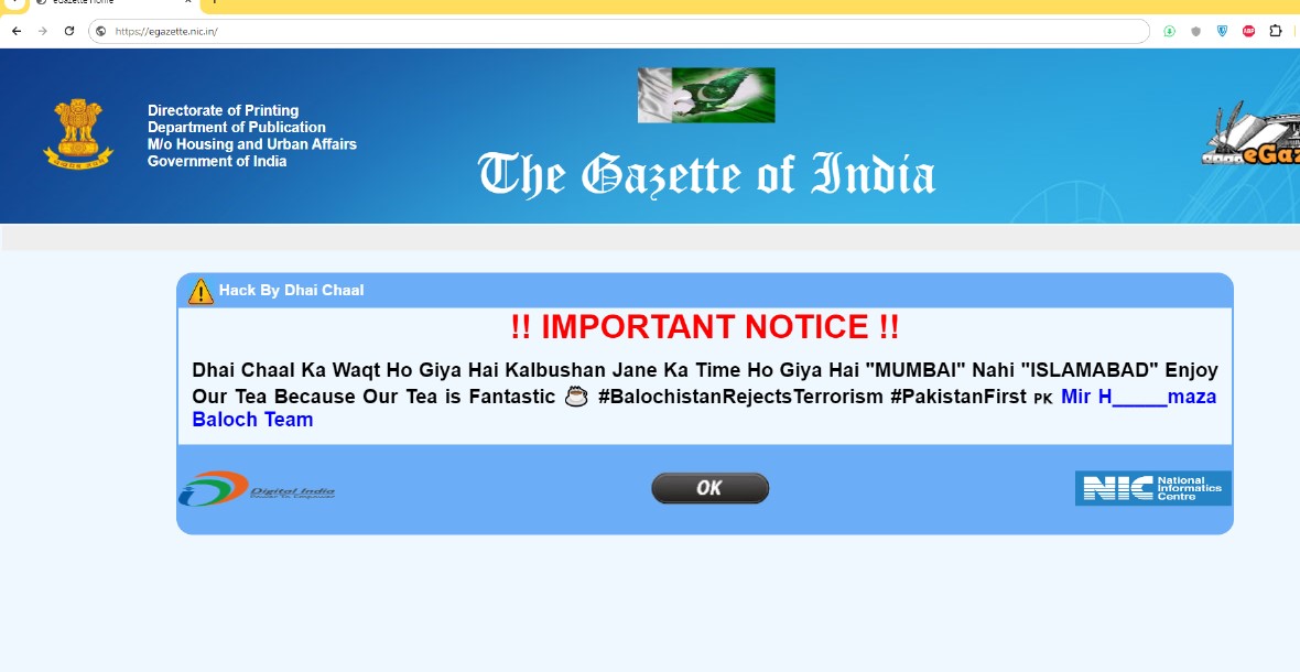 Indian govt's Gazette website hacked, publish movie Dhai Chaal