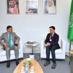 Foreign Minister of Saudi Arabia, His Highness Faisal bin Farhan bin Abdullah calls on the Caretaker Prime Minister, Anwaar-ul-Haq Kakar on the sidelines of the World Economic Forum