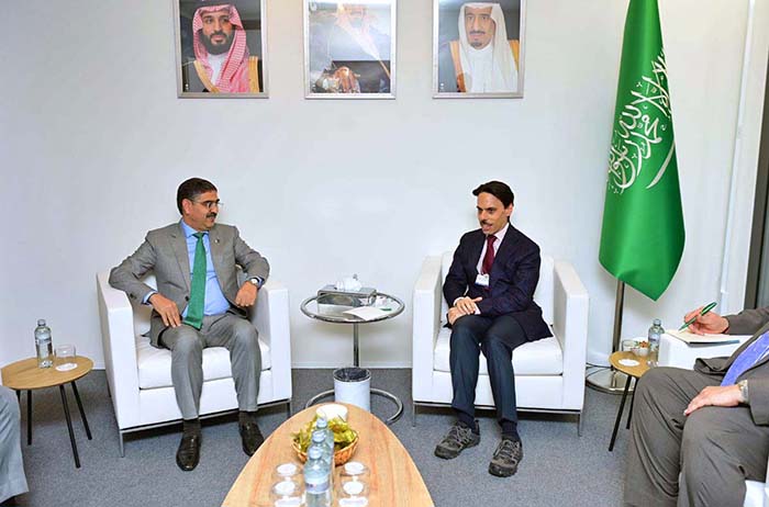 Foreign Minister of Saudi Arabia, His Highness Faisal bin Farhan bin Abdullah calls on the Caretaker Prime Minister, Anwaar-ul-Haq Kakar on the sidelines of the World Economic Forum