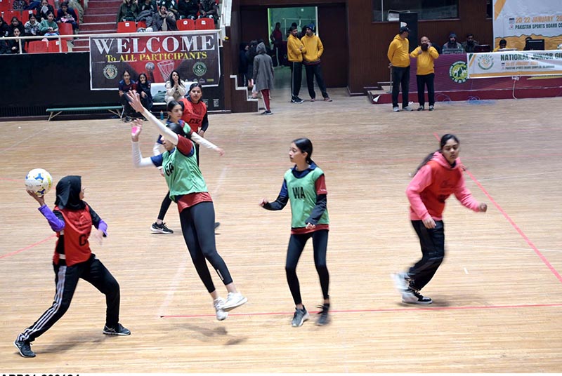 Players in action during National Inter School Girls Netball Championship organized by Pakistan Netball Federation in collaboration with Pakistan Sports Board