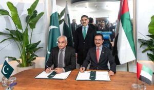 Caretaker Prime Minister, Anwaar-ul-Haq Kakar witnessing Federal Minister for Communications, Railways, & Maritime Affairs Shahid Ashraf Tarar and Government of Dubai inked more than $3 billion investment pact on cooperation in Railways, Economic Zones and Infrastructure at the World Economic Forum.