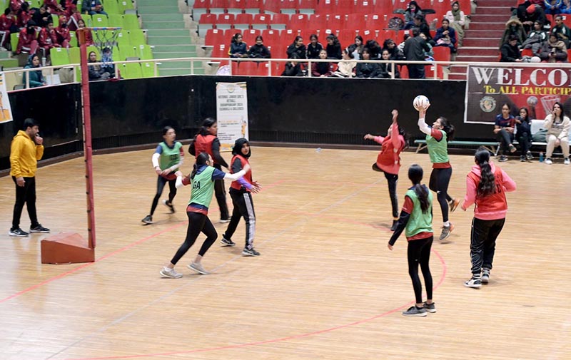 Players in action during National Inter School Girls Netball Championship organized by Pakistan Netball Federation in collaboration with Pakistan Sports Board